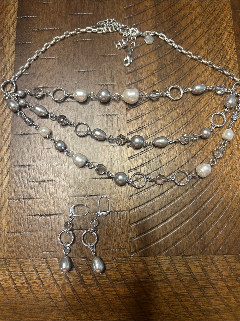 Touchstone Crystal Silver Multi-Strand Necklace and Pearl Drop Earring Set